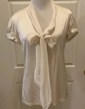White House Black Market Silk Blouse Cap Sleeve Scarf Tie Neck Ivory Sz 2