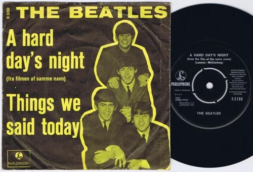THE BEATLES A Hard Day's Night Danish 45PS 1964 Yellow Portraits mixed labels