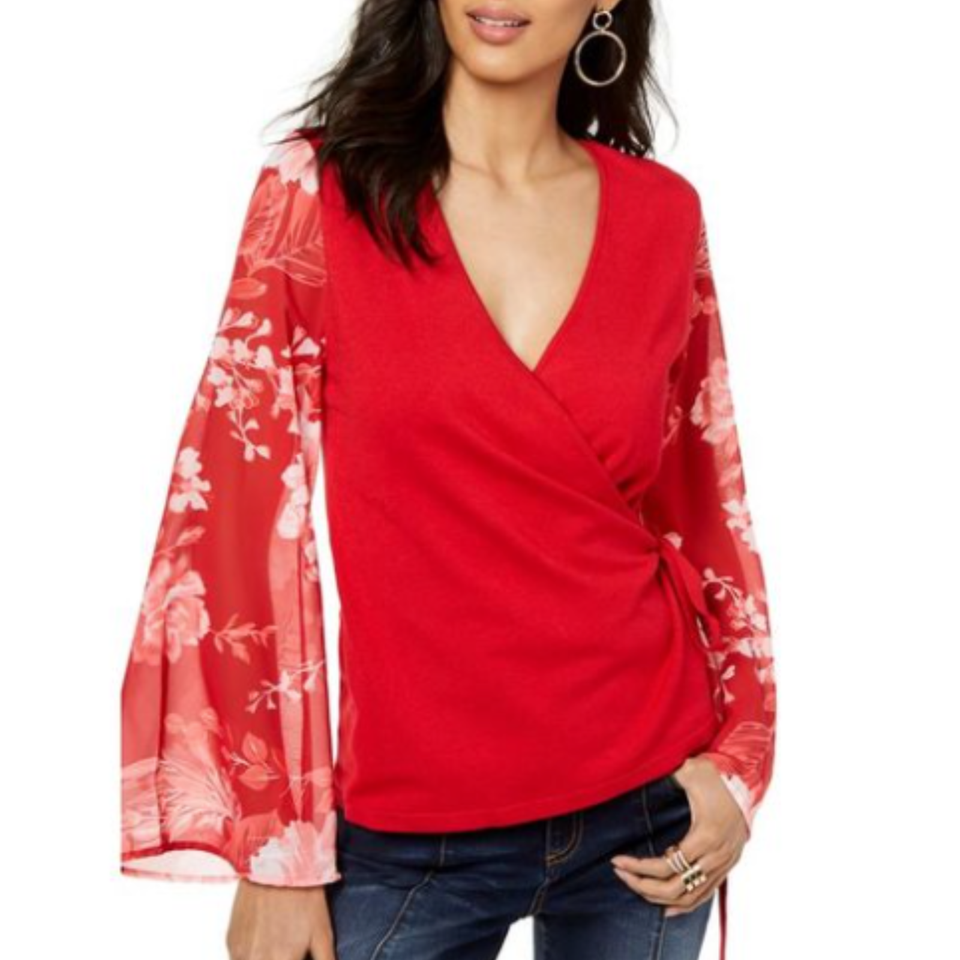 INC International Concepts Knit Wrap Top 1X Floral Contrast Sleeve Red