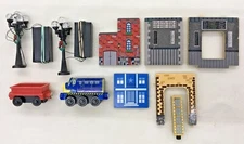 Brio Wood Train Railway Parts (Lot of - 12 Vehicles, Lights, Bldg. Sides)
