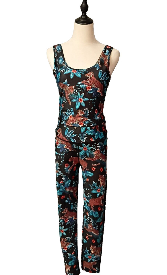 Leona Edmiston Size M 10-12 Black Green Leopard Jungle Tank Leggings Active Set