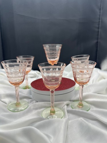 Vtg Six Cordial Pink Depression Glass w/ Uranium Base. See pics.