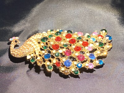 NWOT Sample Carolee Gold  Tone Crystal Peacock  Pin 4.25  Brooch Rhinestones