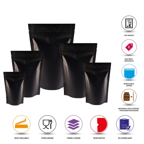 MATT BLACK STAND UP POUCH FOIL COFFEE MYLAR POUCH ZIP LOCK GRIP HEAT SEAL