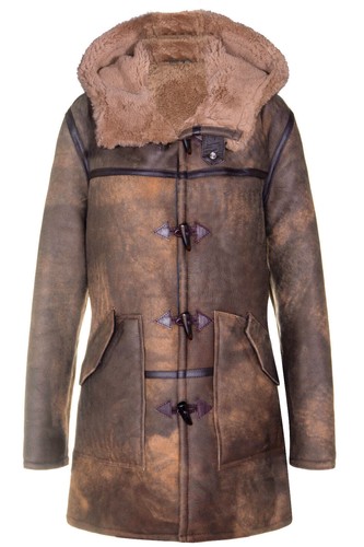 Manteau Duffle Coat Homme En Cuir Et Peau De Mouton - Marron Avec Capuche Amovible - Taille L - Neuf Avec étiquette