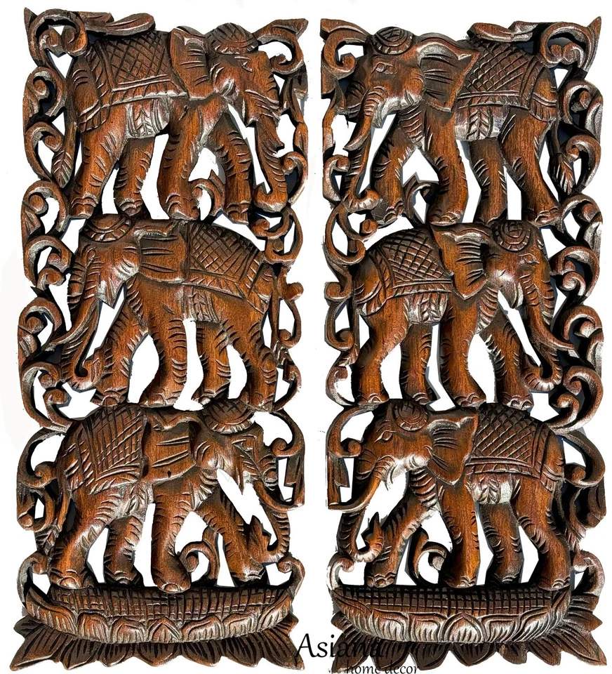 Panel de arte de pared de madera tallada Asiana decoración del hogar madera de teca 7,5"x17,5" extra grueso Foto 3 de 4