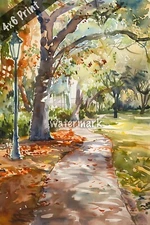 Colonial park with walking paths watercolor Art 4x6 Print