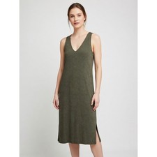 Madewell Womens Olive Green V-Neck Sleeveless Midi Tank Dress Side Slits Size M