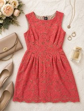 Vince Camuto Coral Pink Floral Lace Fit & Flare Dress Size 6