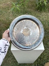 Vintage No Identify Silver Plated Ornate Design 12.5” Round Serving Tray Platter