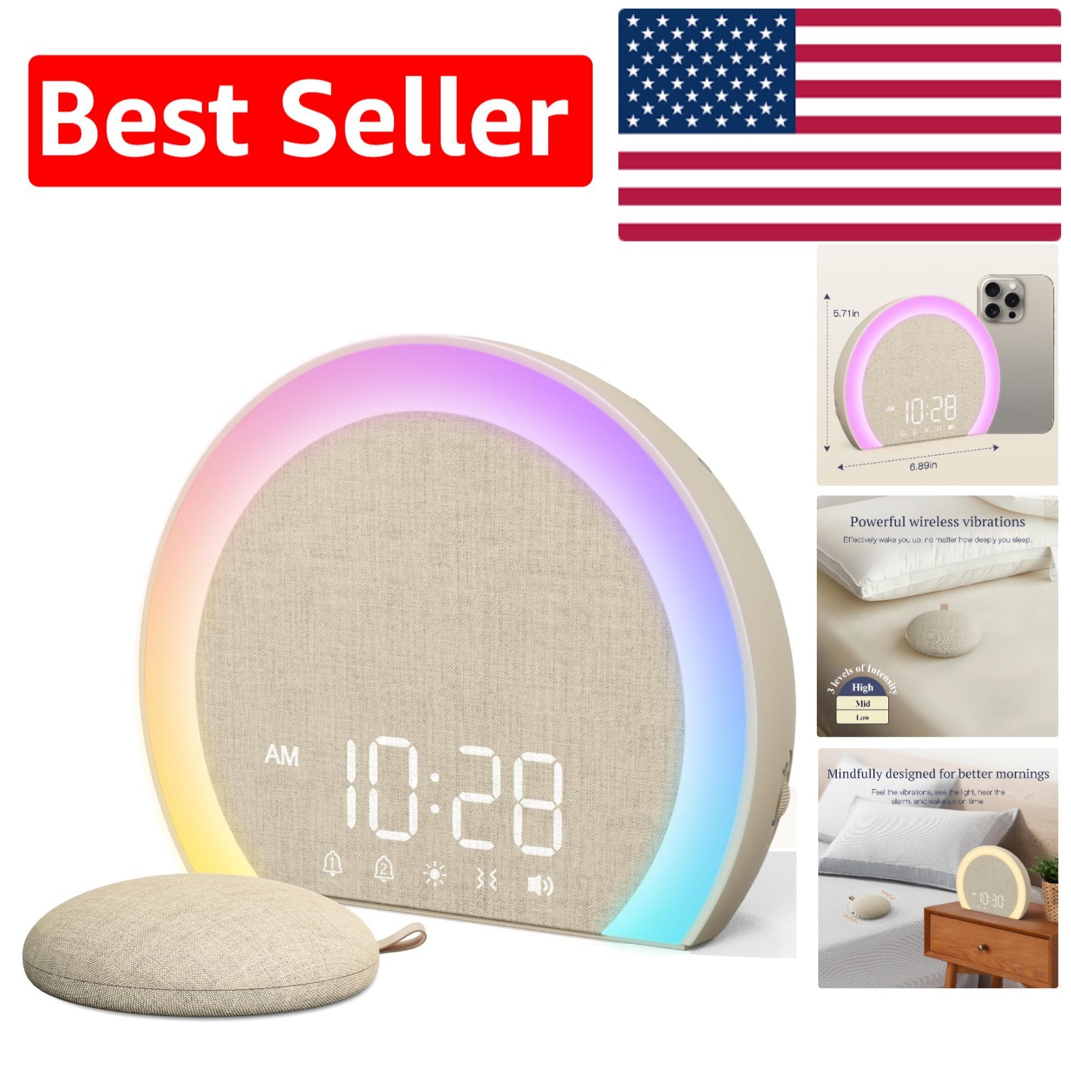 Innovative Vibrating Alarm Clock &ndash; Adjustable Brightness & 8 Natural Sounds