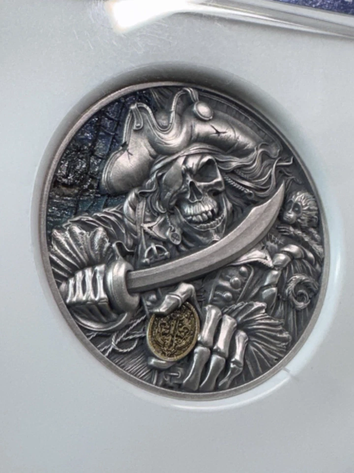 Ghana 5 Cedis 2025 plata graduada como nueva 70 envejecida por NGC Memento Mori pirata Foto 2 de 4