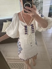 NTW Farm Rio White Embroidered Puff Sleeve Tie-Front Mini Dress Size S