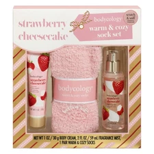 Bodycology Strawberry Cheesecake Warm & Cozy Sock+Spray+Cream Gift Set Holiday