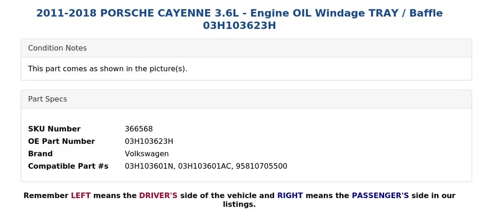 Porsche Cayenne 2011-2018 3,6 L - Bandeja de viento de aceite de motor / deflector 03H103623H Foto 3 de 4