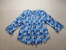 Style Co Women Tunic Top L Blue & White Floral V Neck 3/4 Bell Sleeve Blouse