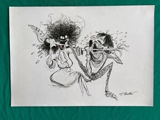 Tim Burton drawing and painting on old paper signed stamped vintage