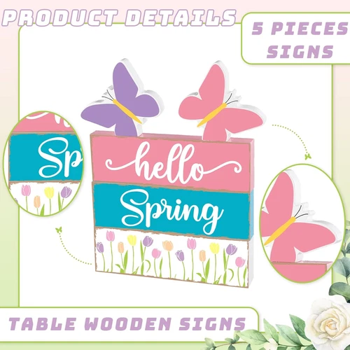 5 Pcs Hello Spring Tiered Tray Decorations Rustic Table Decor Brown - Picture 6 of 7