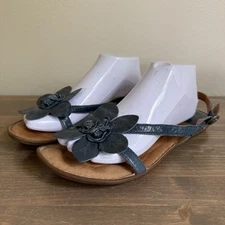 Born Womens 10 Navy Blue Leather Flower Thong Sandals Heel Strap Flats Comfort