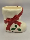 Christmas Santa boot candy dish planter white with red ribbon and holly 4.25" — photo 1