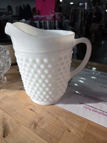 Vintage Anchor Hocking White Milk Glass Hobnail Pitcher  Ice Tea / Lemonade ~ 8"