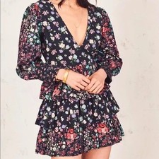 LoveShackFancy NWT Paris Blue Pink Floral Ruffle Puff Sleeve Tiered Mini Dress 0