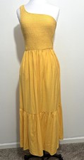 Nine West Vibrate Yellow One Shoulder Maxi Dress Smocked Bodice Tiered Size M