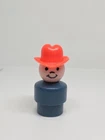 Vintage Fisher Price little people wood blue farmer boy/cowboy w/red hat
