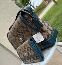 Coach Signature Collection Shoulder Bag Wallet Set Khaki Blue Logo