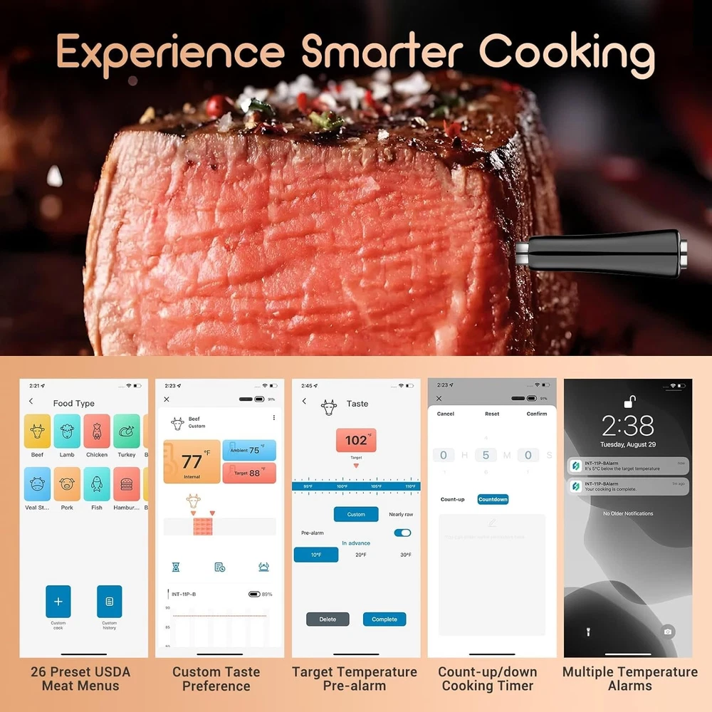 Wireless Meat Thermometer Bluetooth Waterproof Smart Meat Probe for BBQ Grill