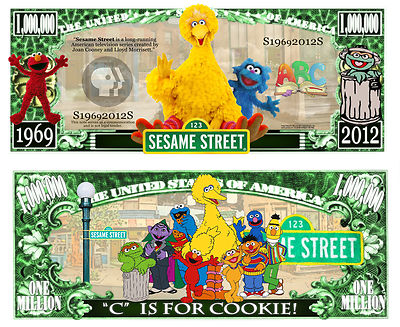 1 Sesame Street -schein Million Dollar US ! Elmo Cookie Monster TV 80 Pupett