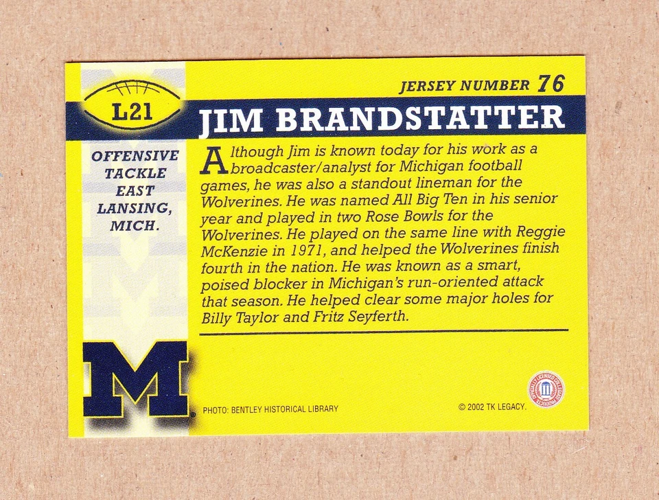 Jim Brandstatter 2002 Michigan Wolverines TK Legacy Rookie card #L21 mint - Image 2 of 2