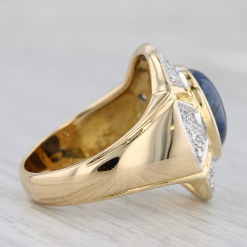 Ovalado Cabujón Zafiro Azul Anillo Diamante Halo 18k Oro Amarillo Talla 6.75-7 - Imagen 5 de 10