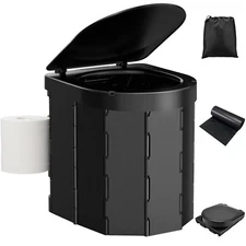 Portable Folding Camping Toilet with Lid and Retractable Toilet Paper Holder