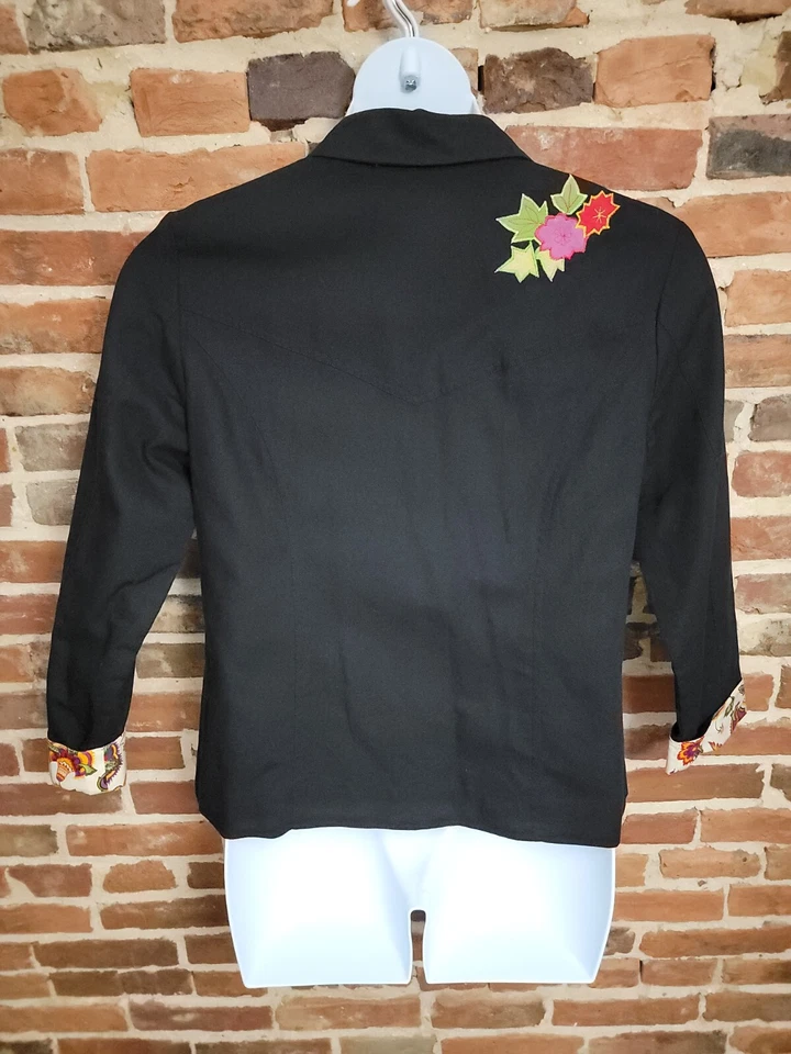 Hearts Of Palm Blazer Jacket Women 12 Black Embroidered Floral Single Breasted - Image 2 of 4