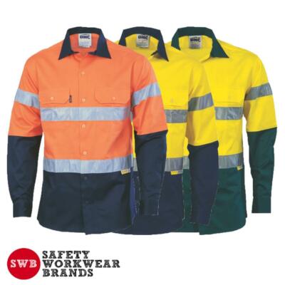 DNC Workwear Mens Hi Vis 2 Tone Drill Shirt Reflective Tape Safety Work ...