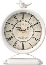 Vintage Table Clock with Bird, European Antique Style White Mantel Clocks, Desk 
