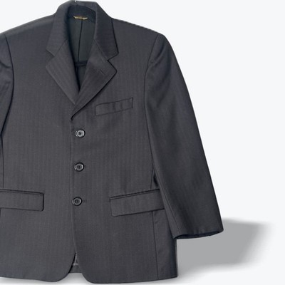 Angelico Oliver 3B Super 100s Wool Kids Suit Jacket 12R Black Herringbone