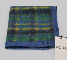 Roda NWT Wool/Cotton/Silk Pocket Square In Blue w/ Green  Yellow Plaid