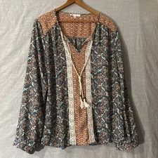 DR2 Daniel Rainn Boho Blouse Long Sleeve Blue/Pink Floral Women’s Sz L