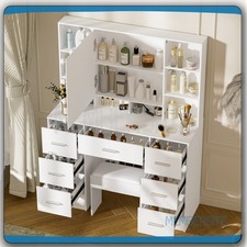 Vanity Desk Set w/LED Openable Mirror Makeup Dressing Table and Stool 10 Shelves