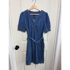 Talbots Womens Blue Denim Cotton Short Puff Sleeve Belted Shirtdress Size M