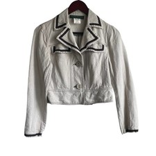 Vintage Harve Bernard Womens Cropped Jacket 4 Beige Brown Trim Y2K Boho Chic