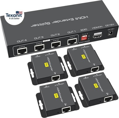 HDMI Extender Splitter up to 165Ft 1 in 4 Out over Cat5E or 6 or 7 Repeater Balu