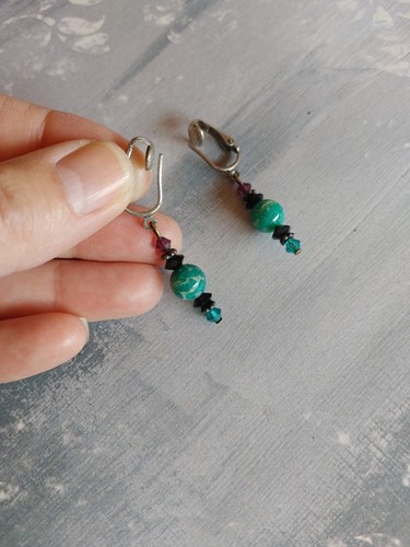 Vintage earrings clip dangle green Amazonite crystal silver tone metal 1 3/4" - Picture 5 of 5