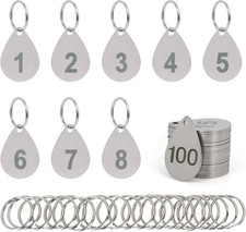 Numbered Key Tags with Rings, Water Drop Shape 304 Stainless Steel Metal Number 