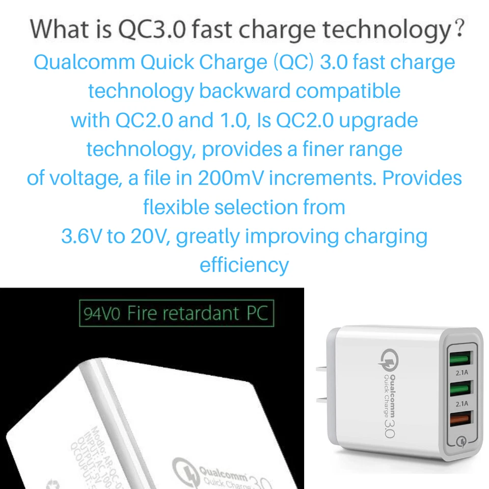3 Port Fast Charge QC3.0 USB Wall Charger Adapter US Block For iPhone Samsung LG - Image 2 of 4