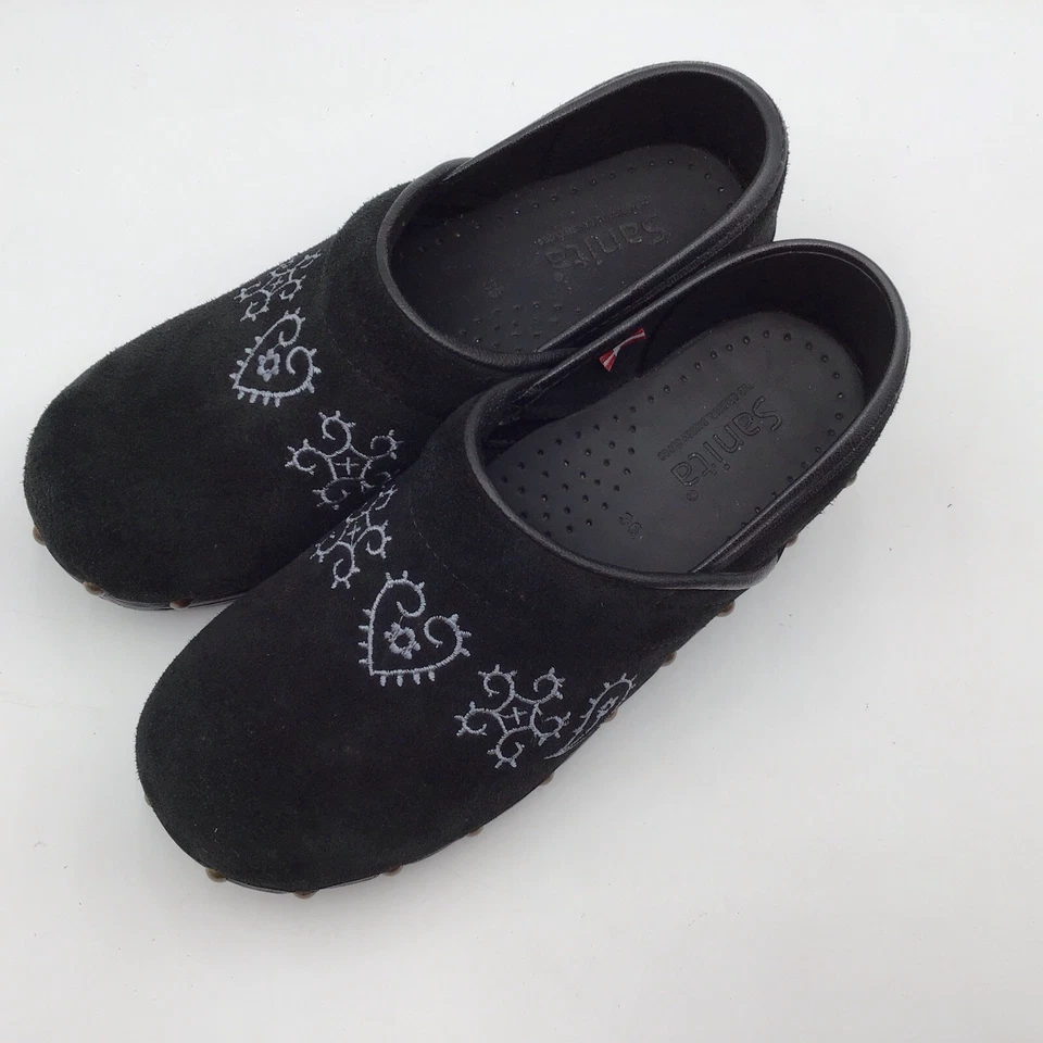Zuecos Sanita para mujer 6, EU 36 negro gamuza/blanco bordado sin cordones cómodo trabajo Foto 3 de 4