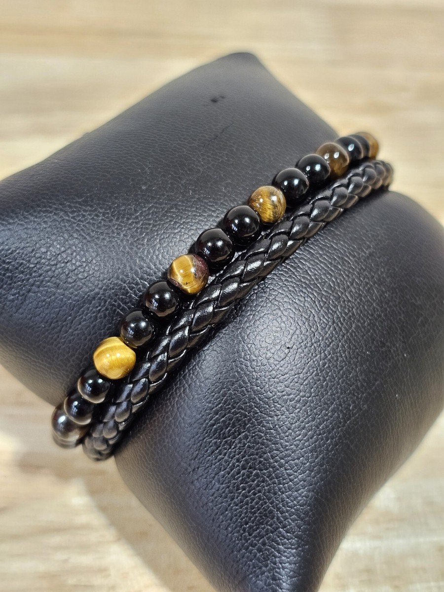 Men's Black Braided Leather Bracelet Yellow Brown Stone Bracelet