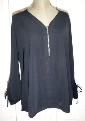 AMISU - Shirt Bluse mit Langarm Raff-Ärmeln u. Reißverschluss Gr. XL - Schwarz